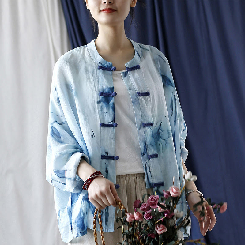 Tie Dye Blue Flowers Frog-Button Design Long Sleeve Ramie Linen Jacket Shirt