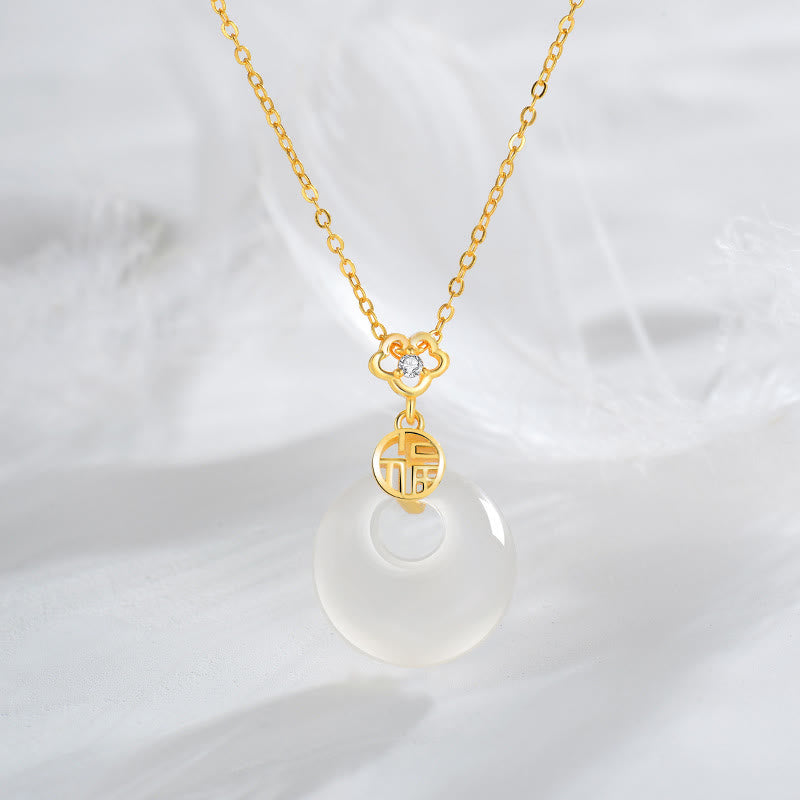 925 Sterling Silver White Agate Fu Character Happiness Luck Necklace Pendant