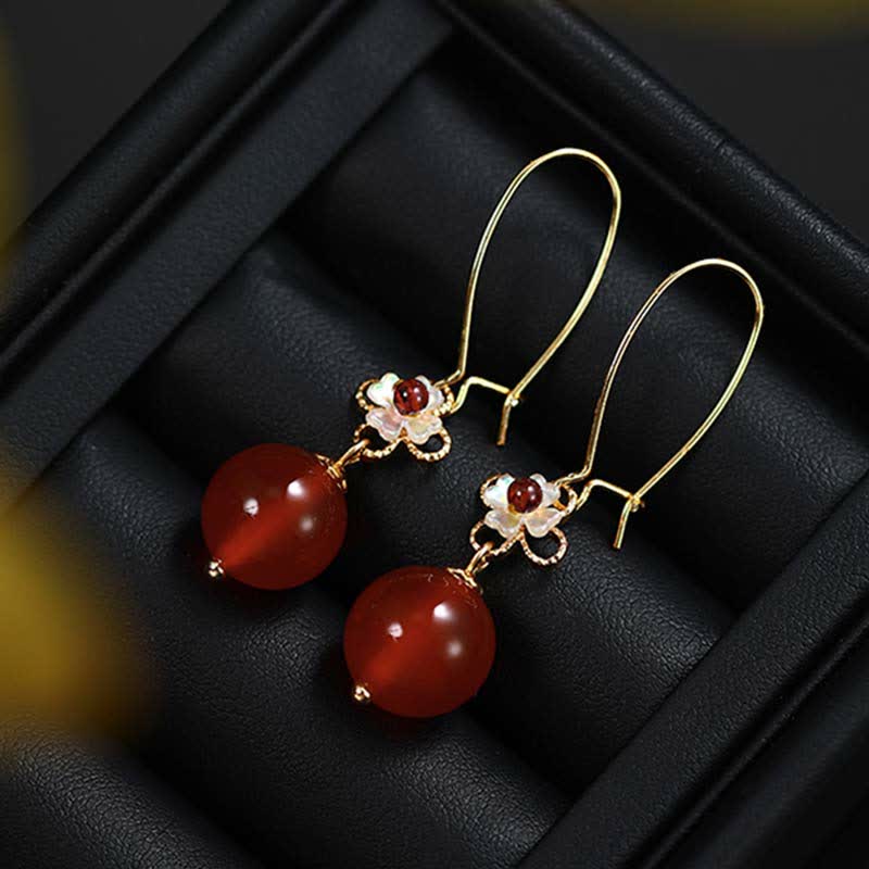 925 Sterling Silver Red Agate Flower Beaded Confidence Earrings