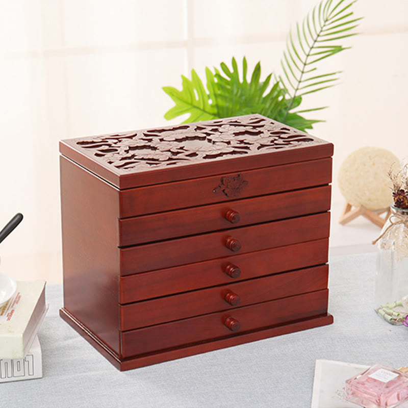 Vintage Floral Carved Paulownia Wood Six-Layer Large Capacity Jewelry Box
