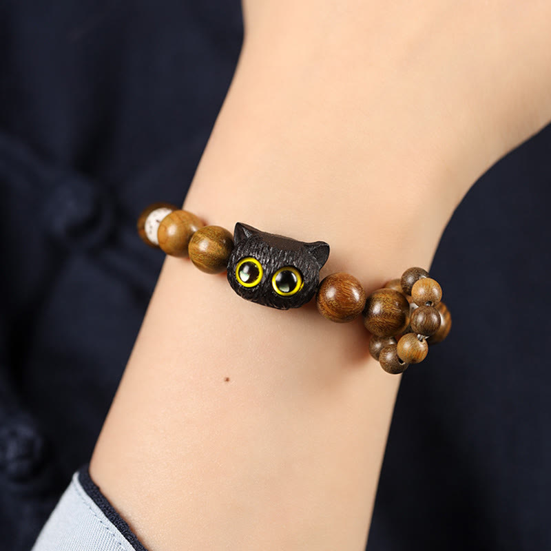Hand-Carved Green Sandalwood & Ebony Wood Feline Bodhi Seed Beaded Bracelet