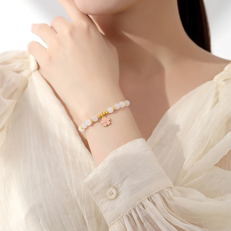 925 Sterling Silver Hetian White Jade Cherry Blossom Zircon Chain Bracelet