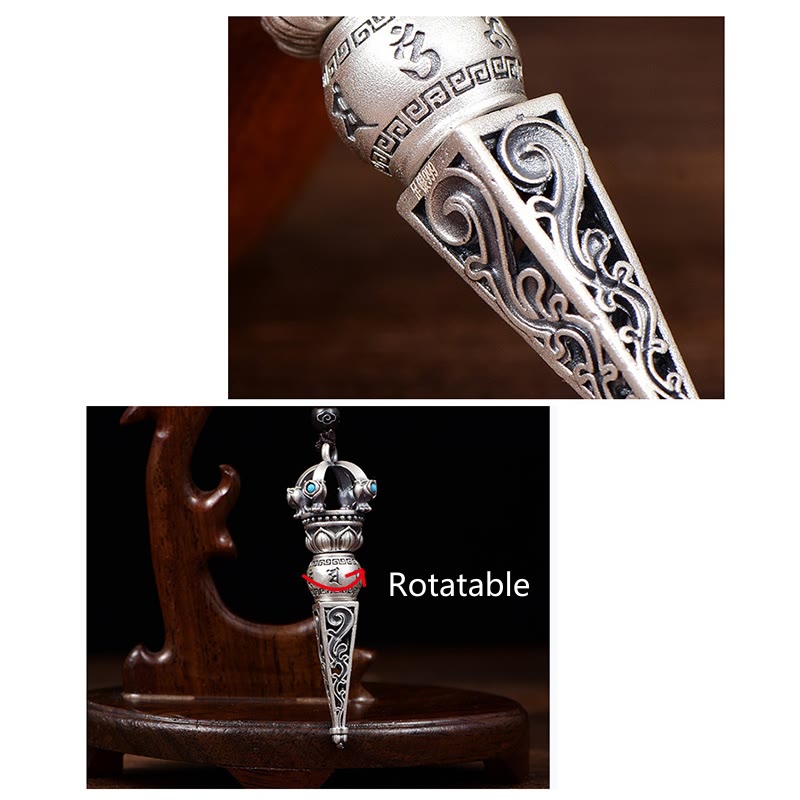 Tibetan Om Mani Padme Hum Dorje Vajra Design Wisdom Rotatable Necklace Pendant
