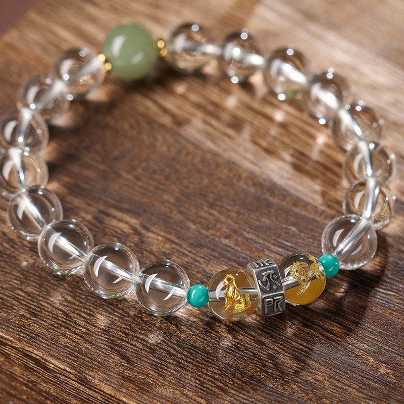 925 Sterling Silver Hetian Jade & White Crystal Chinese Zodiac Guardian Buddha Beaded Bracelet