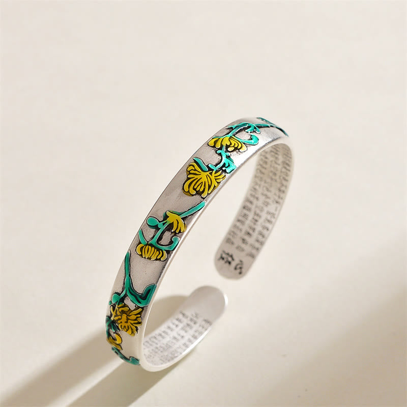 Plum Blossom Chrysanthemum Flower Design Heart Sutra Healing Bracelet Cuff Bangle