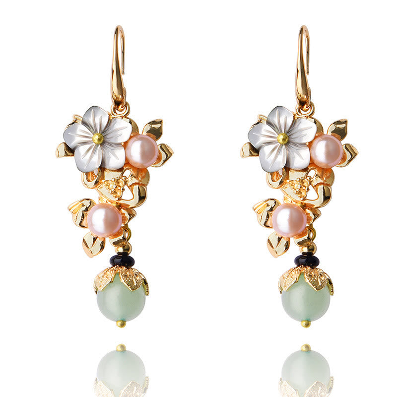 14K Gold Plated Tridacna Flower Pearl and Gemstone Drop Earrings