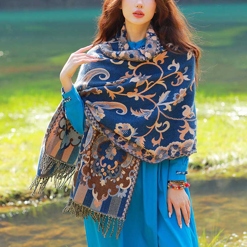 Tibetan Flowers Leaves Branch Design Tassel Shawl Cozy Travel Scarf Wrap