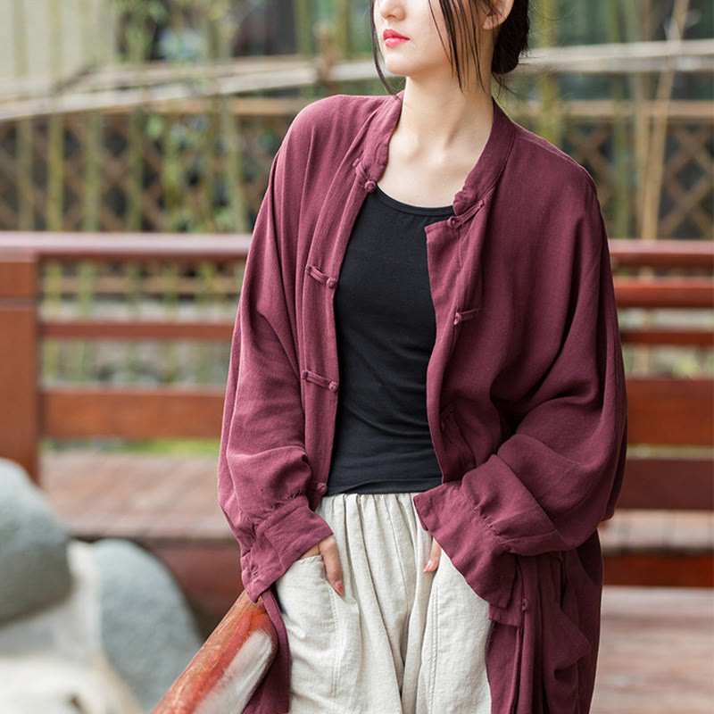 Frog-Button Long Sleeve Zen Meditation Open Front Jacket With Pockets