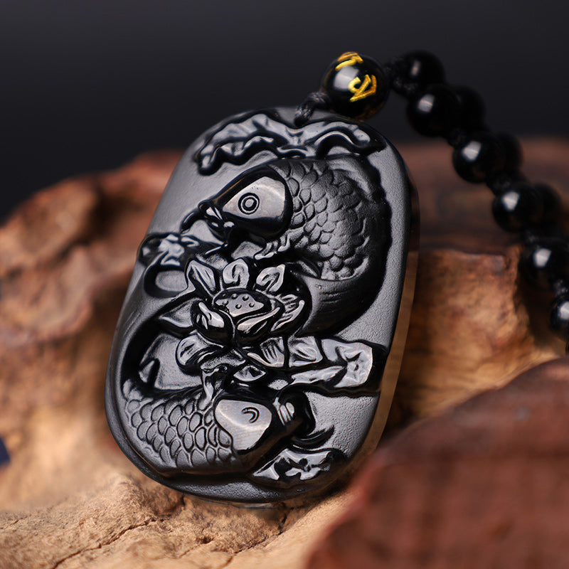 Natural Black Obsidian Koi Fish Lotus Strength Beaded Necklace Pendant