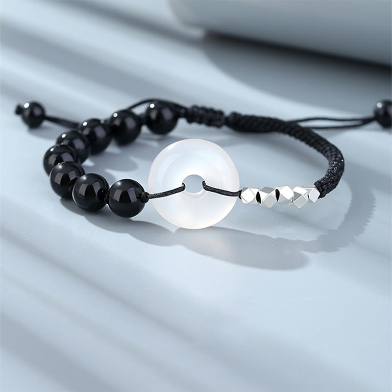 Adjustable 925 Sterling Silver Black Obsidian Agate Ping An Kou Peace Buckle Bracelet