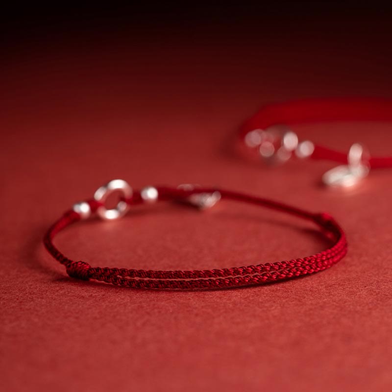 925 Sterling Silver Ping An Kou Lotus Red String Bracelet with Peace and Joy Charms