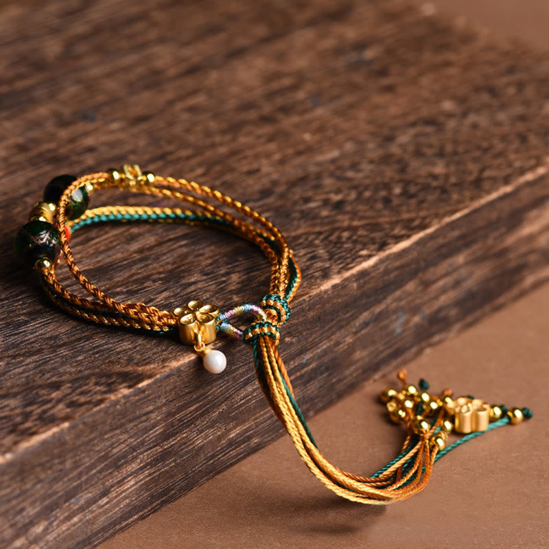 Tibetan Handmade Rope Liuli Glass Bead Braided Multilayered Healing Bracelet