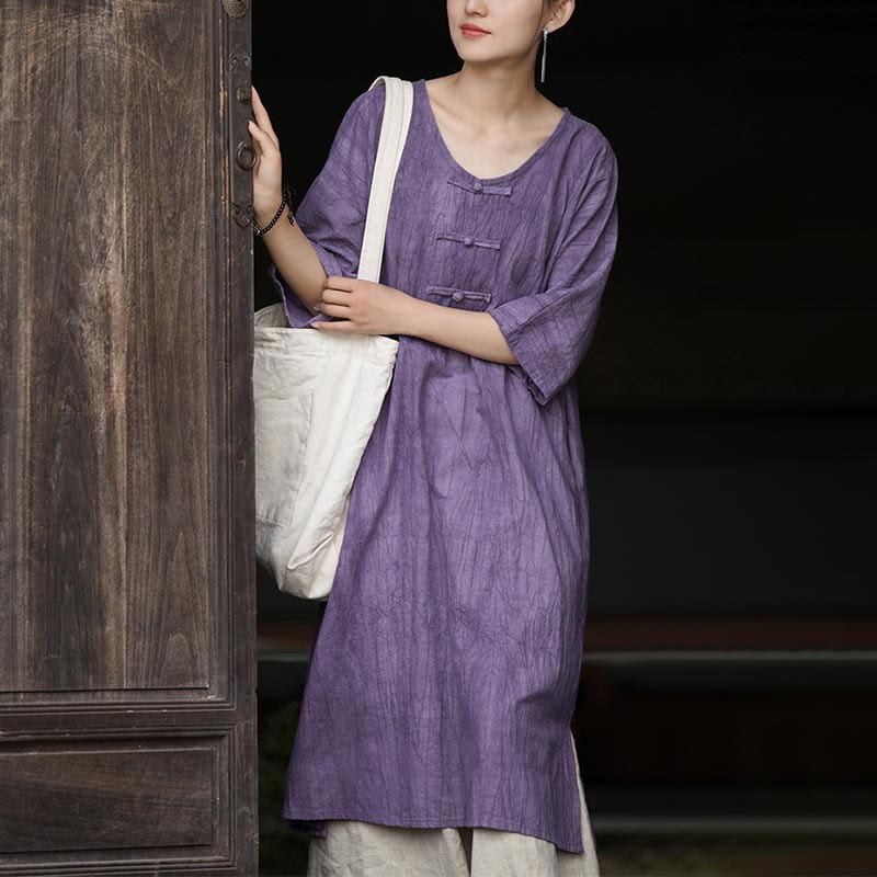 Ramie Linen Tie-Dye Frog-Button Meditation Midi Dress & Wide-Leg Pants Set