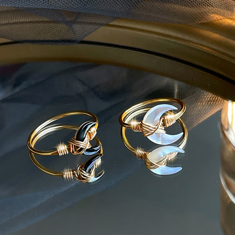 Natural Tridacna Stone Moon 14K Gold Blessing Ring