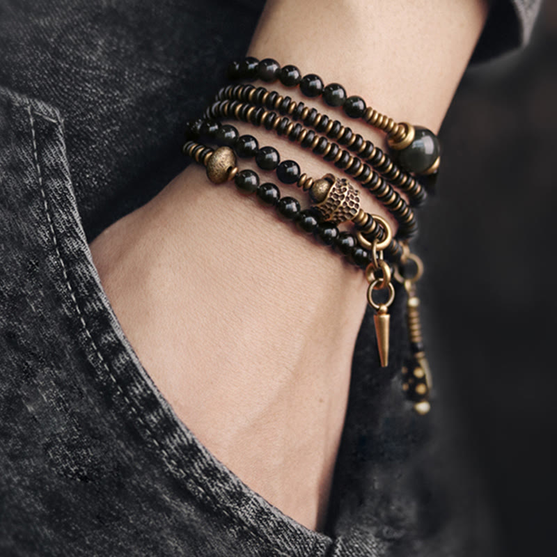 Rainbow Obsidian Ebony Wood Copper Positive Multilayer Bracelet