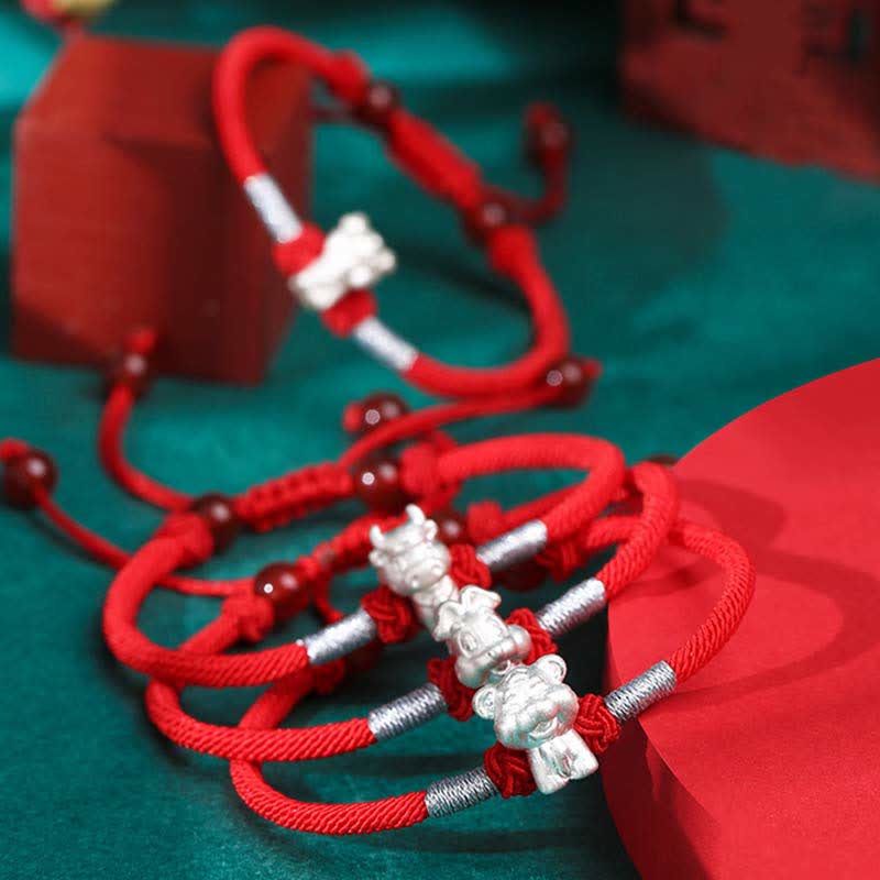 Handcrafted 999 Fine Silver Chinese Zodiac Red String Adjustable Bracelet