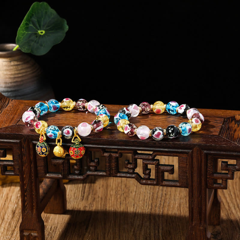 Gold Swallowing Beast Family Pink Love Heart Luminous Fluorescent Liuli Glass Bead Bracelet