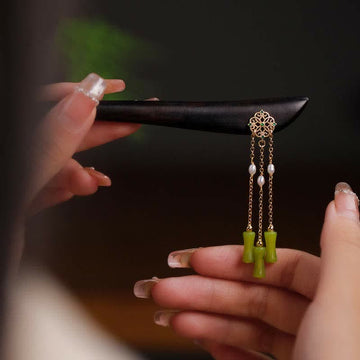 Natural Peridot Ebony Wood Love Tassels Hairpin