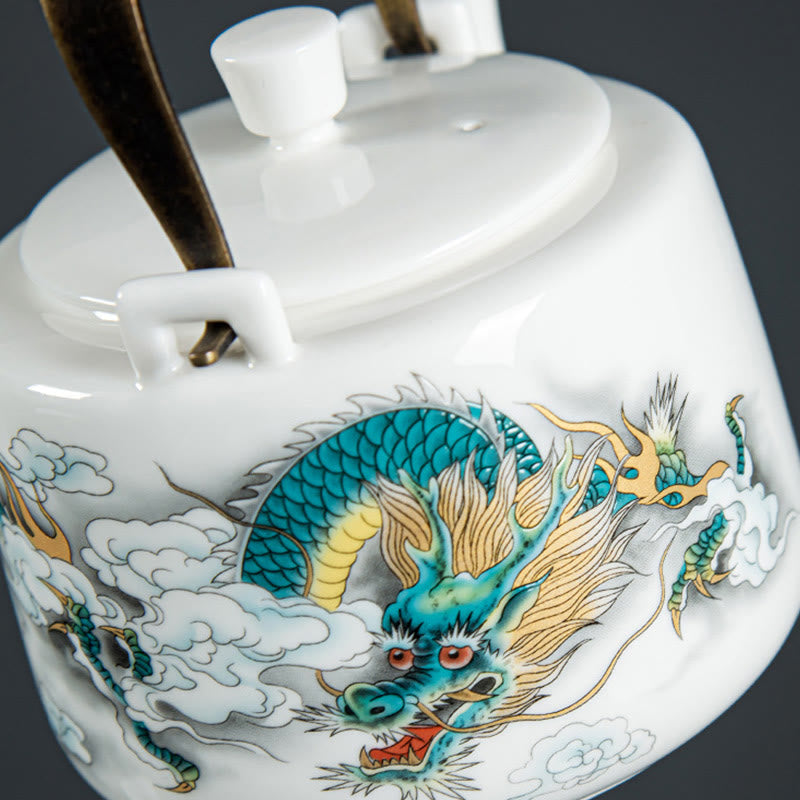 Vintage Dragon Mountain Fisherman Landscape White Porcelain Ceramic Kung Fu Teapot