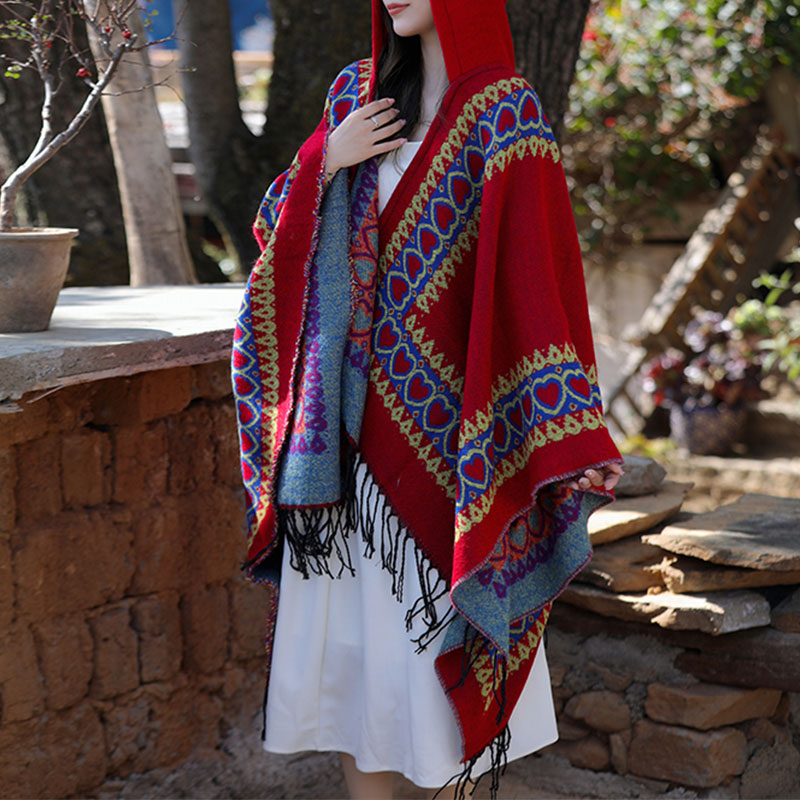 Tibetan Shawl Red Love Heart Tassel Hooded Cloak Winter Cozy Travel Scarf Wrap