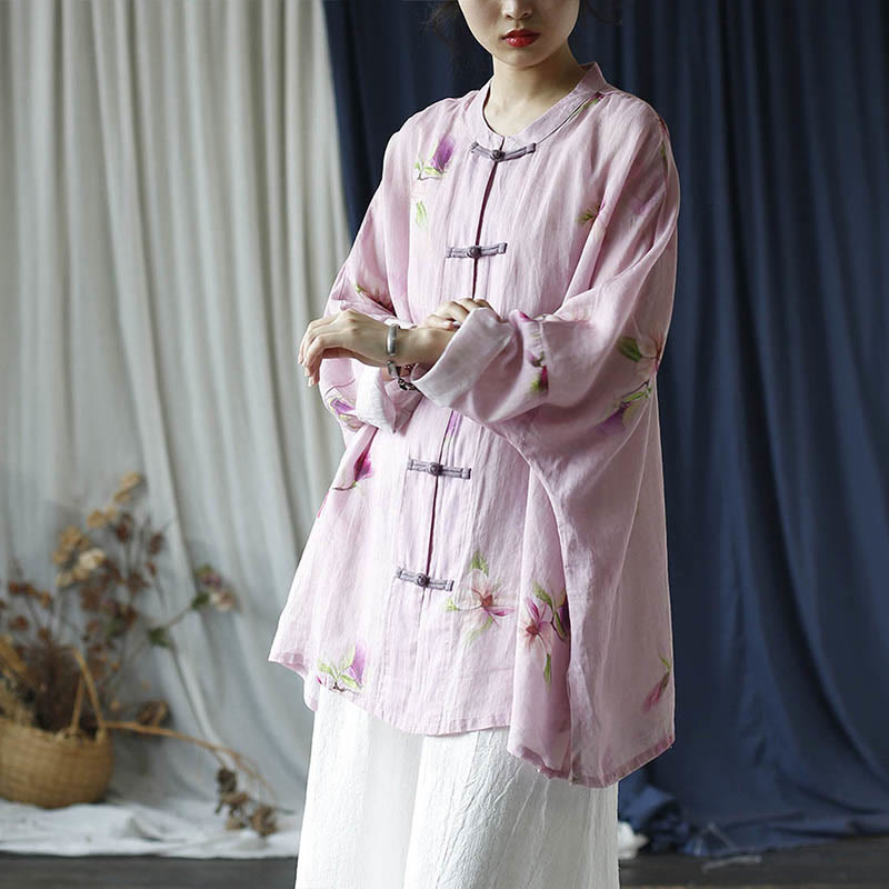 Pink Flower Print Frog-button Design Batwing Long Sleeve Ramie Linen Jacket Shirt