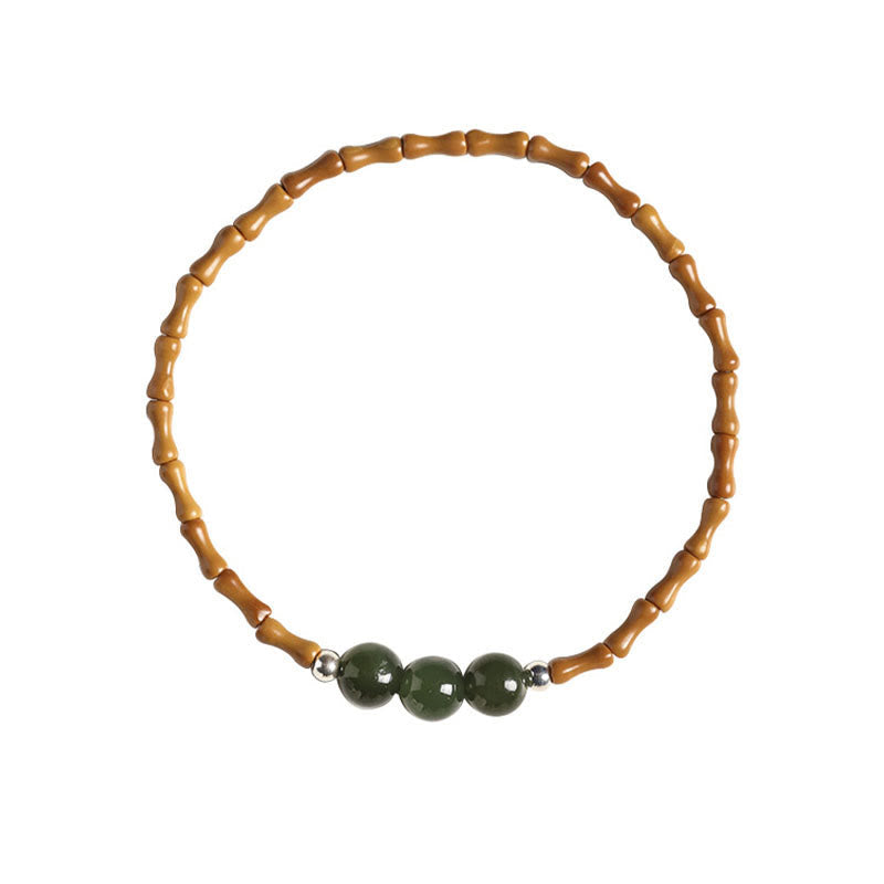 Natural Olive Pit & Hetian Jade Beaded Bracelet with Bamboo Pattern and White Copper Elements