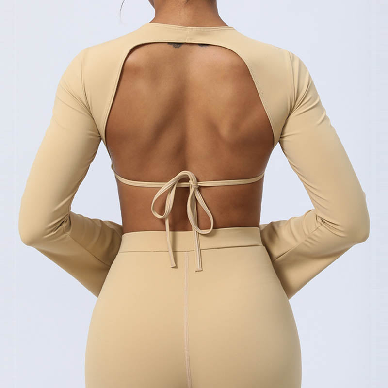 Long Sleeve Backless Strap Top Bra Flare Pants Fitness Yoga Outfit