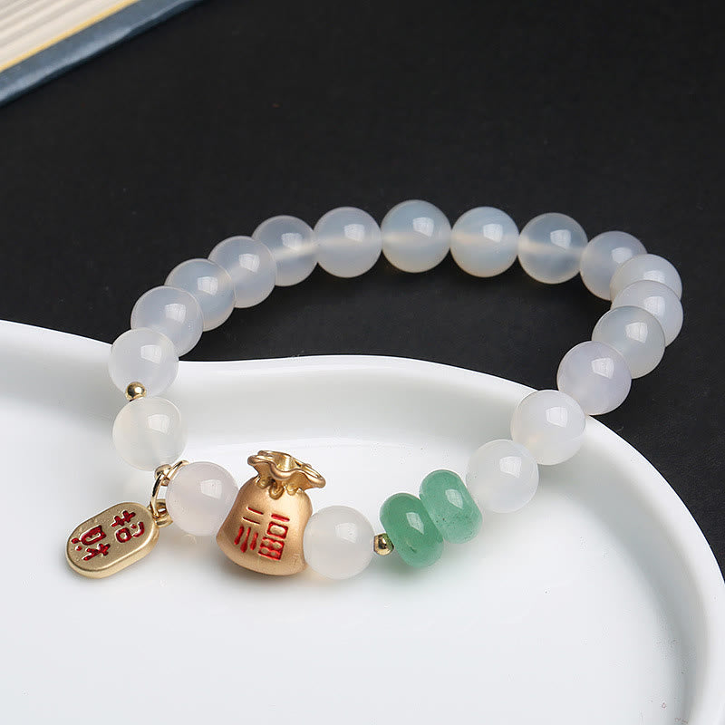Natural White Agate Red Agate Money Bag Fu Character Four Leaf Clover Protection Bracelet