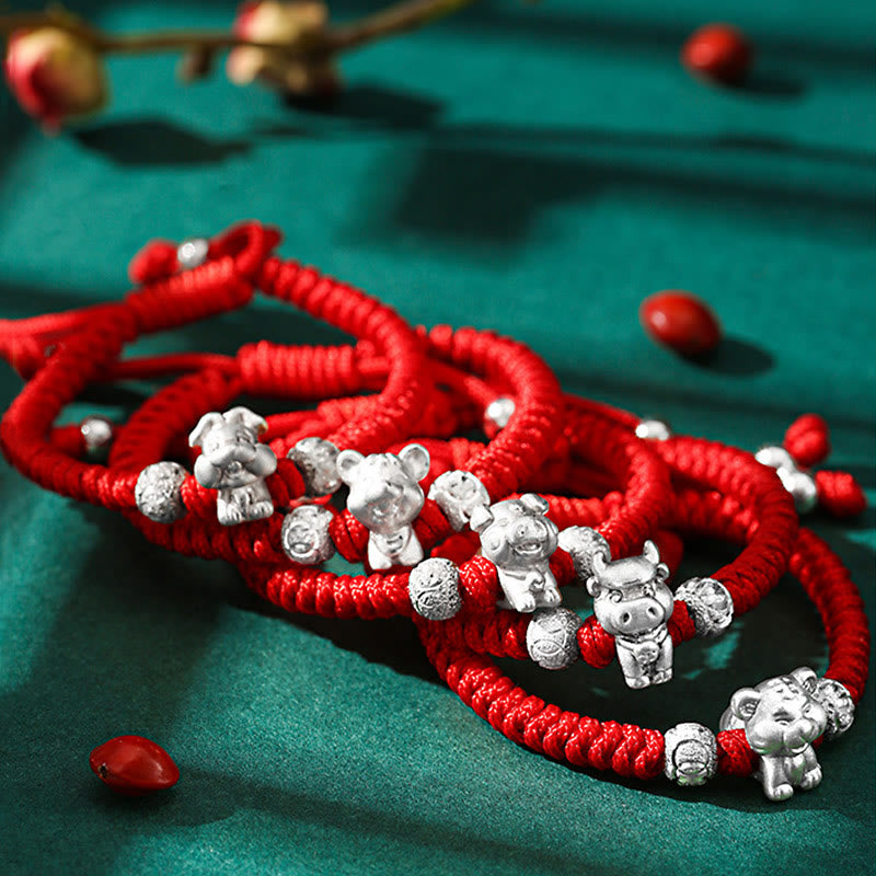 Handcrafted 999 Sterling Silver Chinese Zodiac Vajra Knot Red String Kids Bracelet
