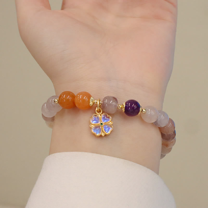 Natural Golden Silk Jade Violet Flower Bead Charm Adjustable Bracelet