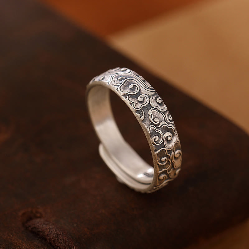 999 Sterling Silver Lotus Flower Plum Blossom Auspicious Clouds Engraved Enlightenment Ring