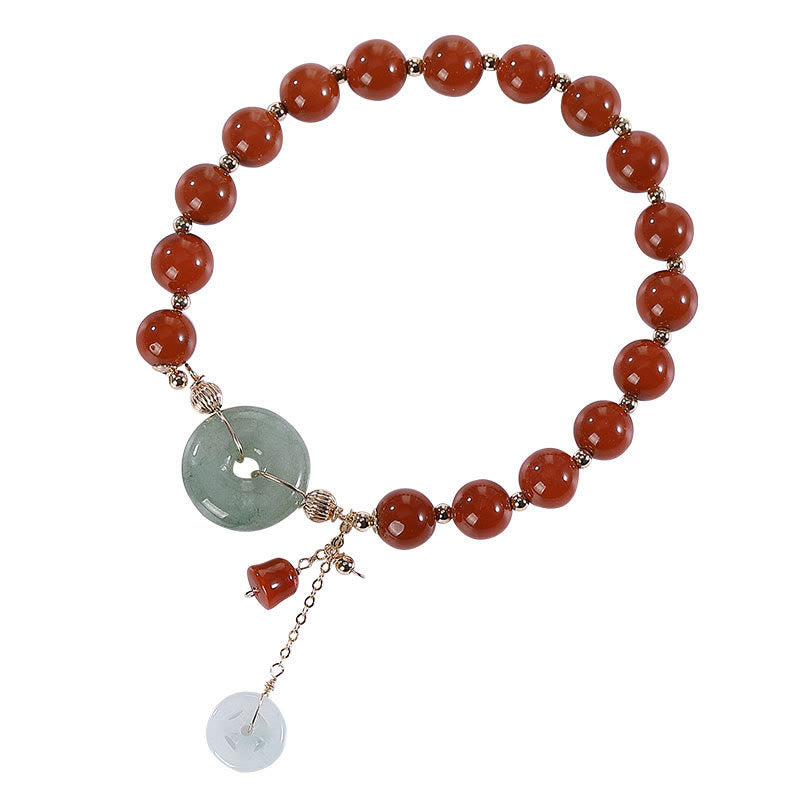 14k Gold Filled Jade & Red Agate Ping An Kou Wu Lou Chinese Coin Charm Bracelet