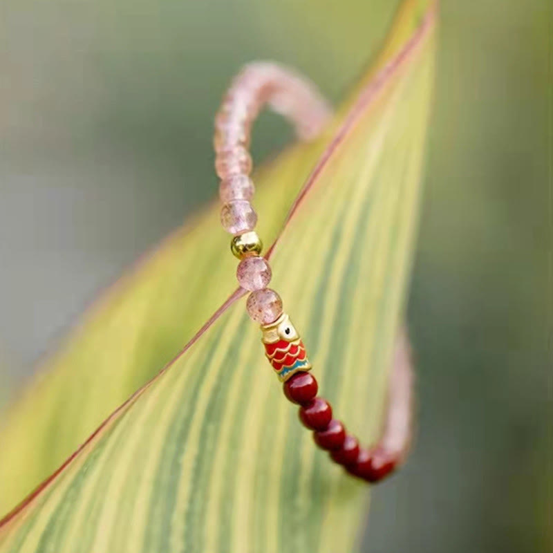 Natural Strawberry Quartz Cinnabar Lucky Koi Fish Healing Bracelet