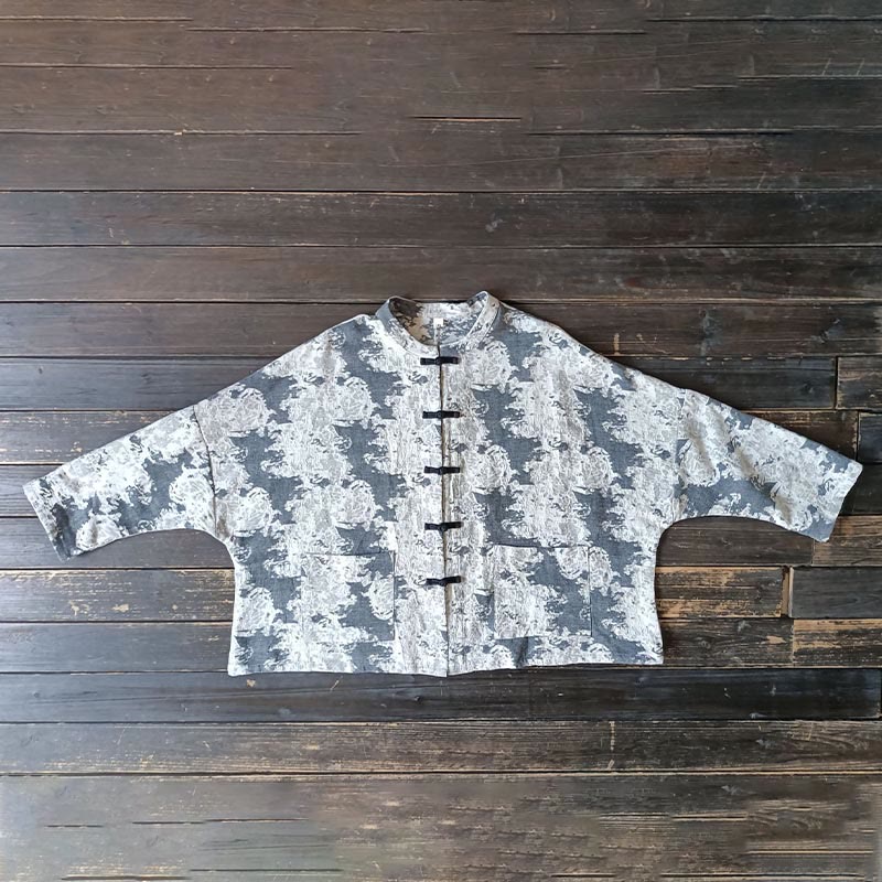 Black Gray Print Frog-button Design Long Sleeve Cotton Linen Jacket Shirt With Pockets
