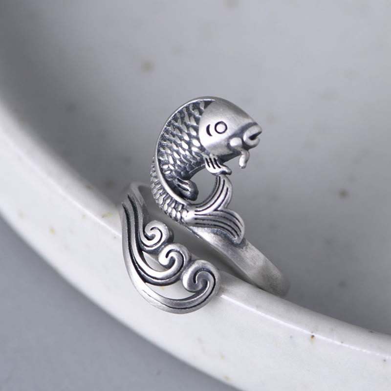 925 Sterling Silver Koi Fish Water Ripple Adjustable Ring