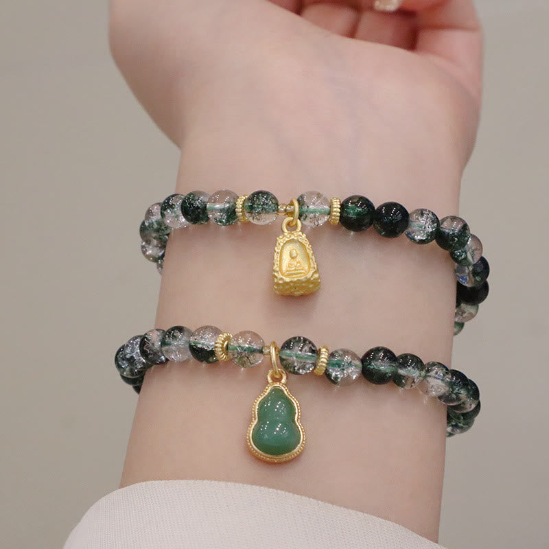 Natural Green Phantom Quartz Beaded Charm Bracelet with Buddha or Wu Lou Gourd