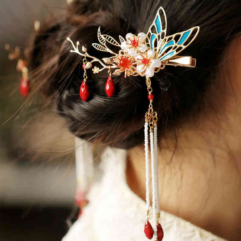 Classical Chinese Style Flower Branche Butterfly Pearl Tassel Hair Clip Hair Comb Hair Crown