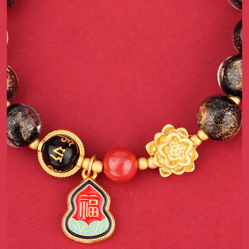 Tibetan Om Mani Padme Hum Lotus & Wu Lou Gourd Copper Charm Liuli Glass Beaded Bracelet