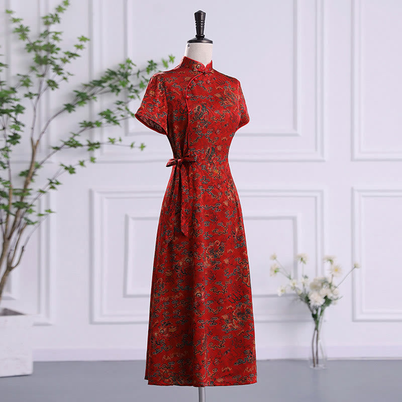 Vintage Auspicious Clouds Leaf Print Cheongsam Dress Women's Qipao Dress