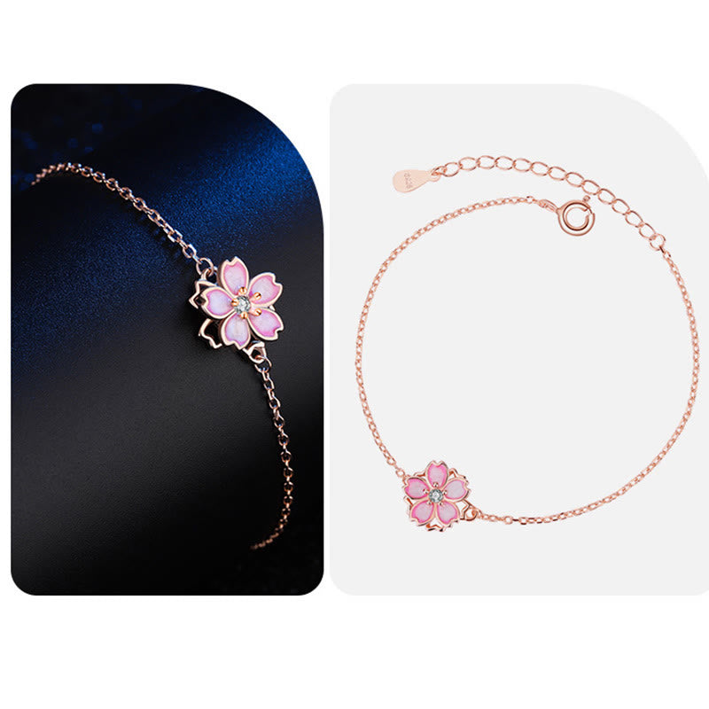 925 Sterling Silver Cherry Blossom Blessing Chain Bracelet Rotatable Ring