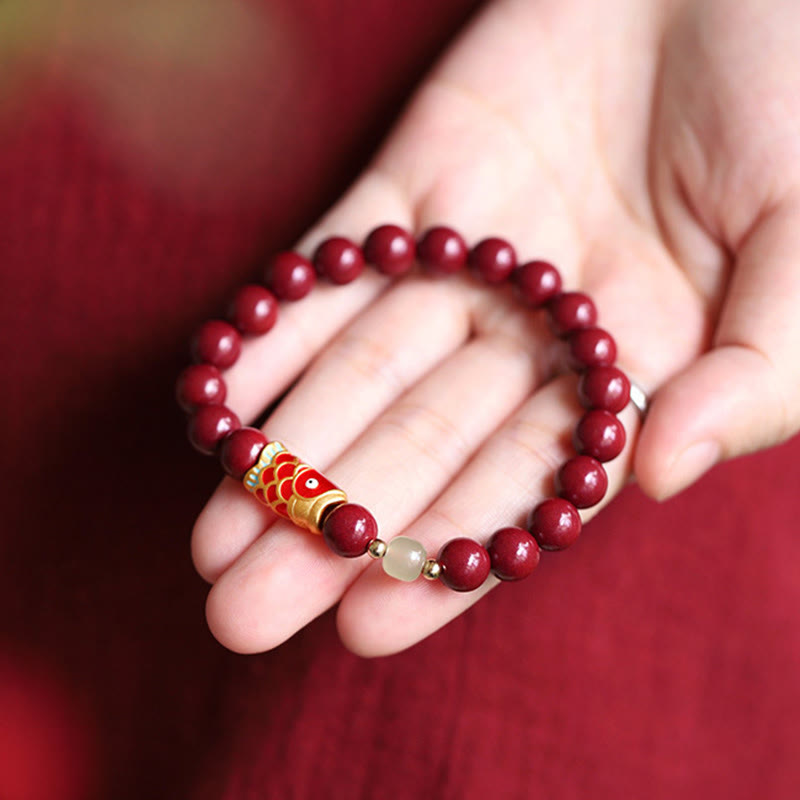 Natural Cinnabar & Hetian Jade Bead Bracelet with Koi Fish Symbol