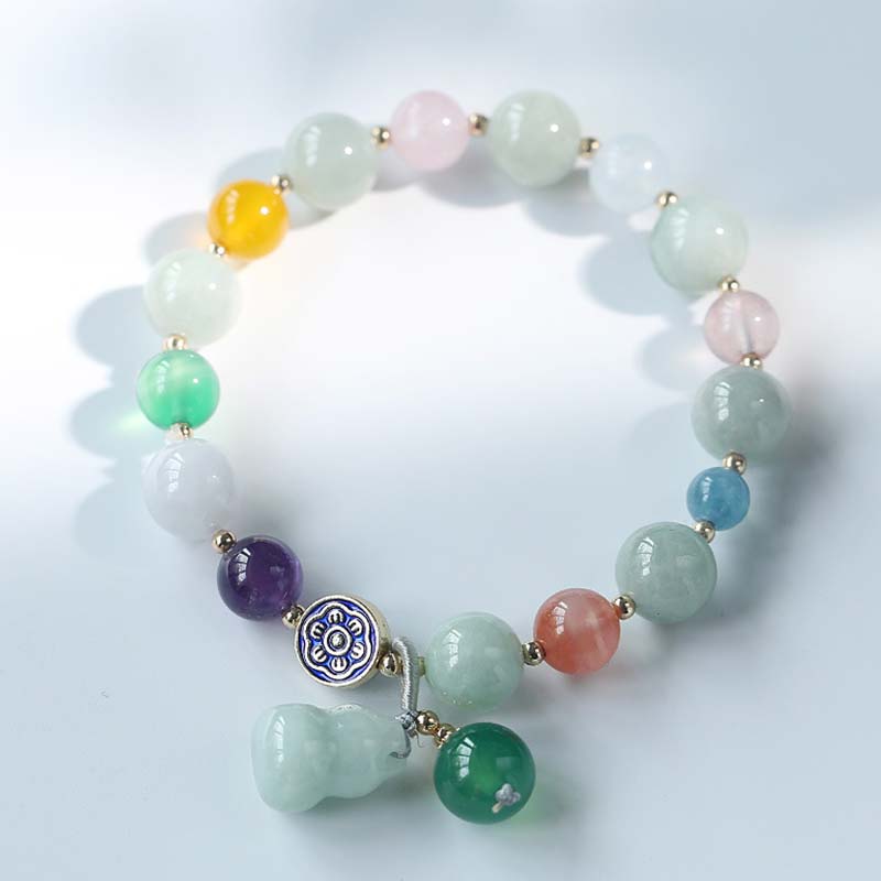 Multi-Gemstone Wu Lou Gourd 10mm Beaded Bracelet with Jade, Rose Quartz, Citrine & Amethyst