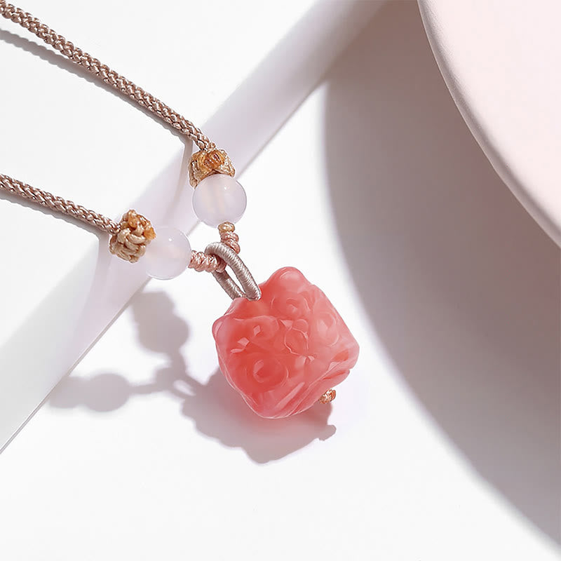 Natural Silver Sheen Obsidian Red Agate Dancing Lion Protection Necklace Pendant