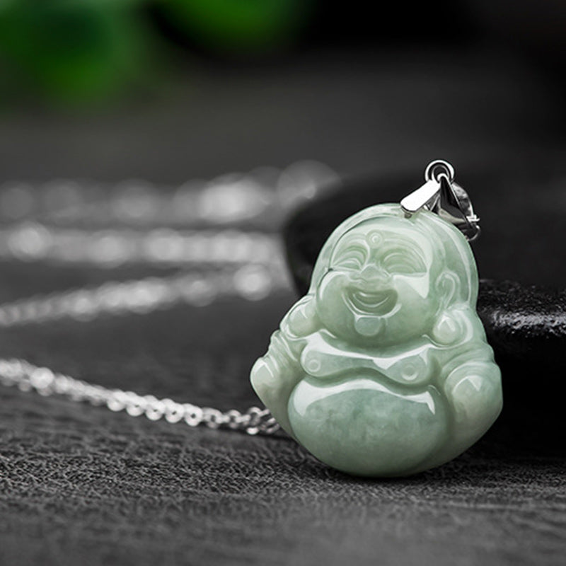 925 Sterling Silver Carved Jade Laughing Buddha Pendant Necklace