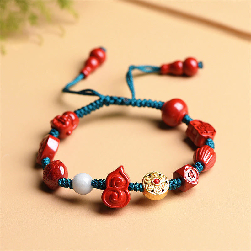 Hand-Carved Cinnabar Om Mani Padme Hum Laughing Buddha Wu Lou Fu Corded Bracelet