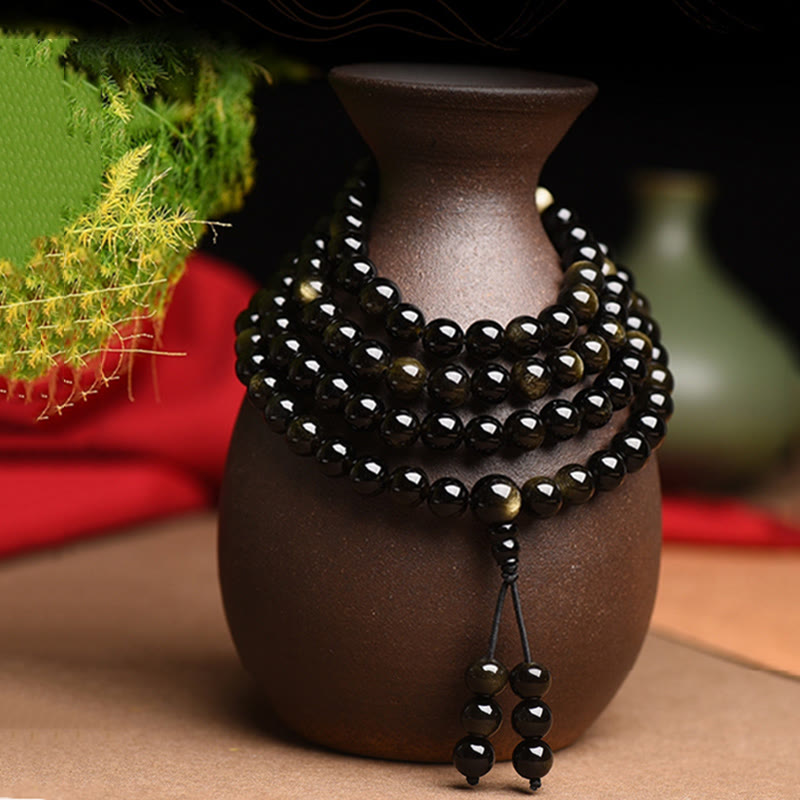 108 Mala Beads Natural Gold Sheen Obsidian Wealth Bracelet