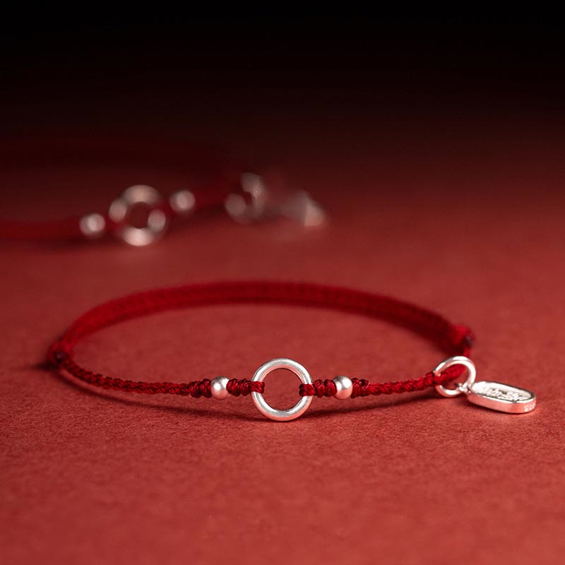 925 Sterling Silver Ping An Kou Lotus Red String Bracelet with Peace and Joy Charms