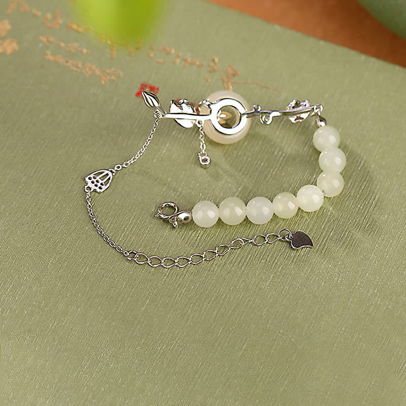 925 Sterling Silver Hetian Jade Peace Buckle Lotus Luck Chain Bracelet