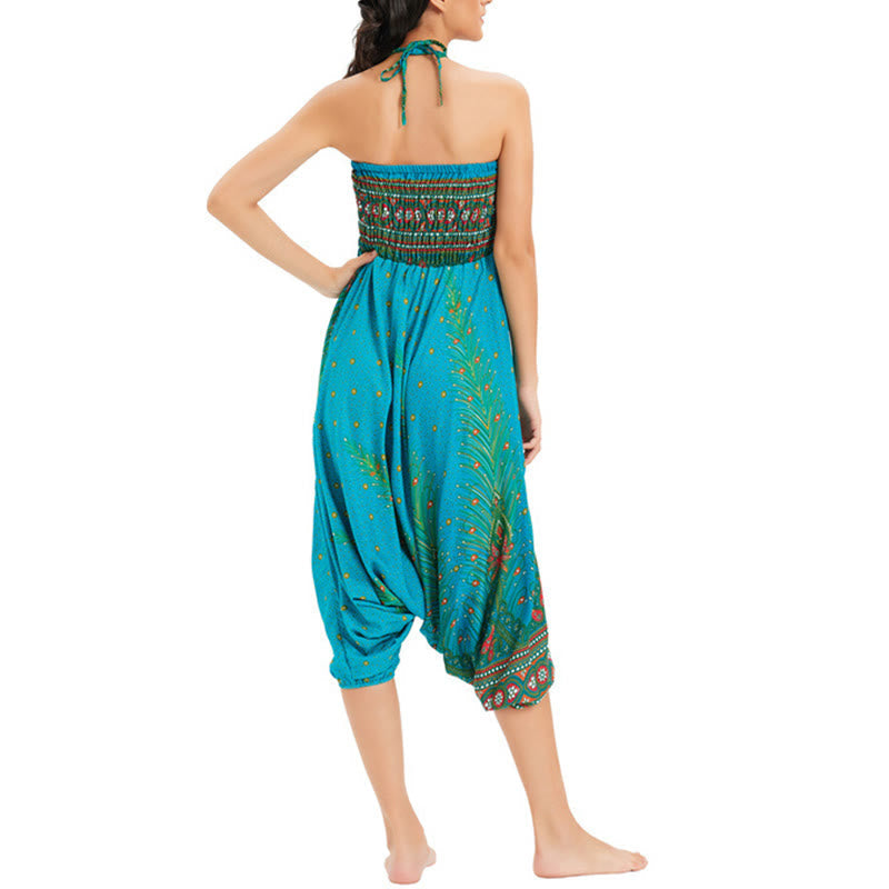 Two Style Wear Peacock Feather Loose Smocked Harem Trousers Jumpsuit High Waist Pants