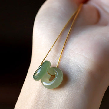 Natural Round Jade Ping An Kou 925 Sterling Silver Gold Plated Pendant Necklace